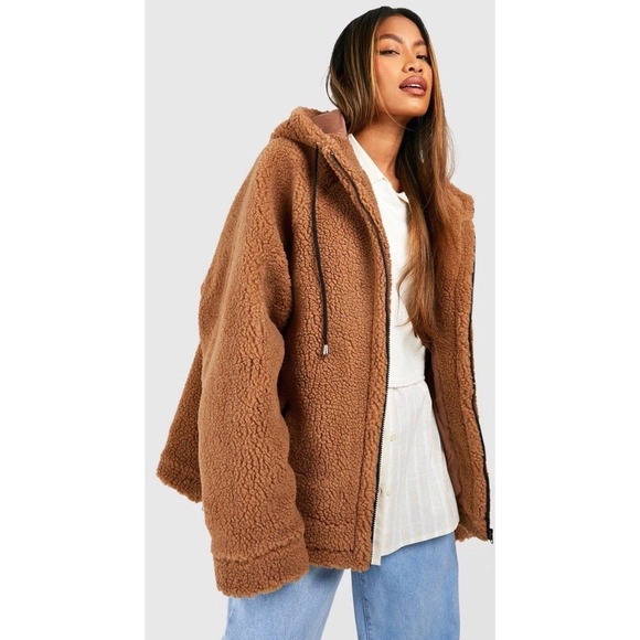 NWT Boohoo Oversized Contrast Detail Teddy Jacket Camel Brown Women's Size US 6 - Picture 1 of 12